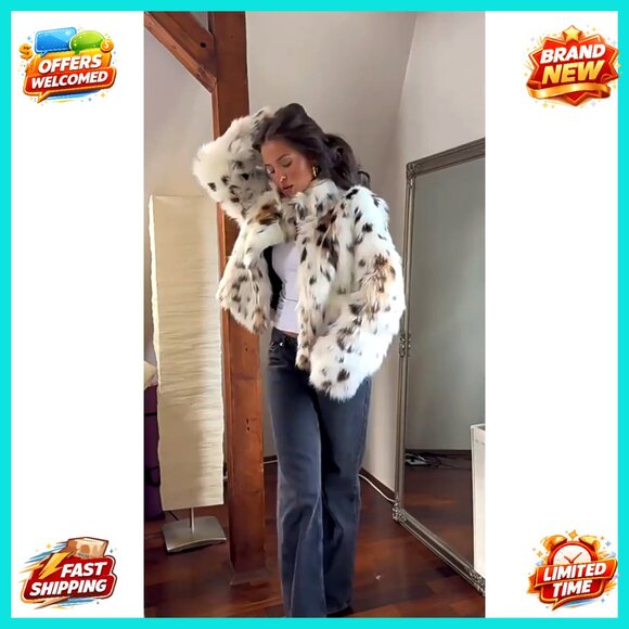 Faux Fur Crop Jacket Oversized Cozy Winter Sherpa Coat with Pockets Y2K Chic - Picture 2 of 2